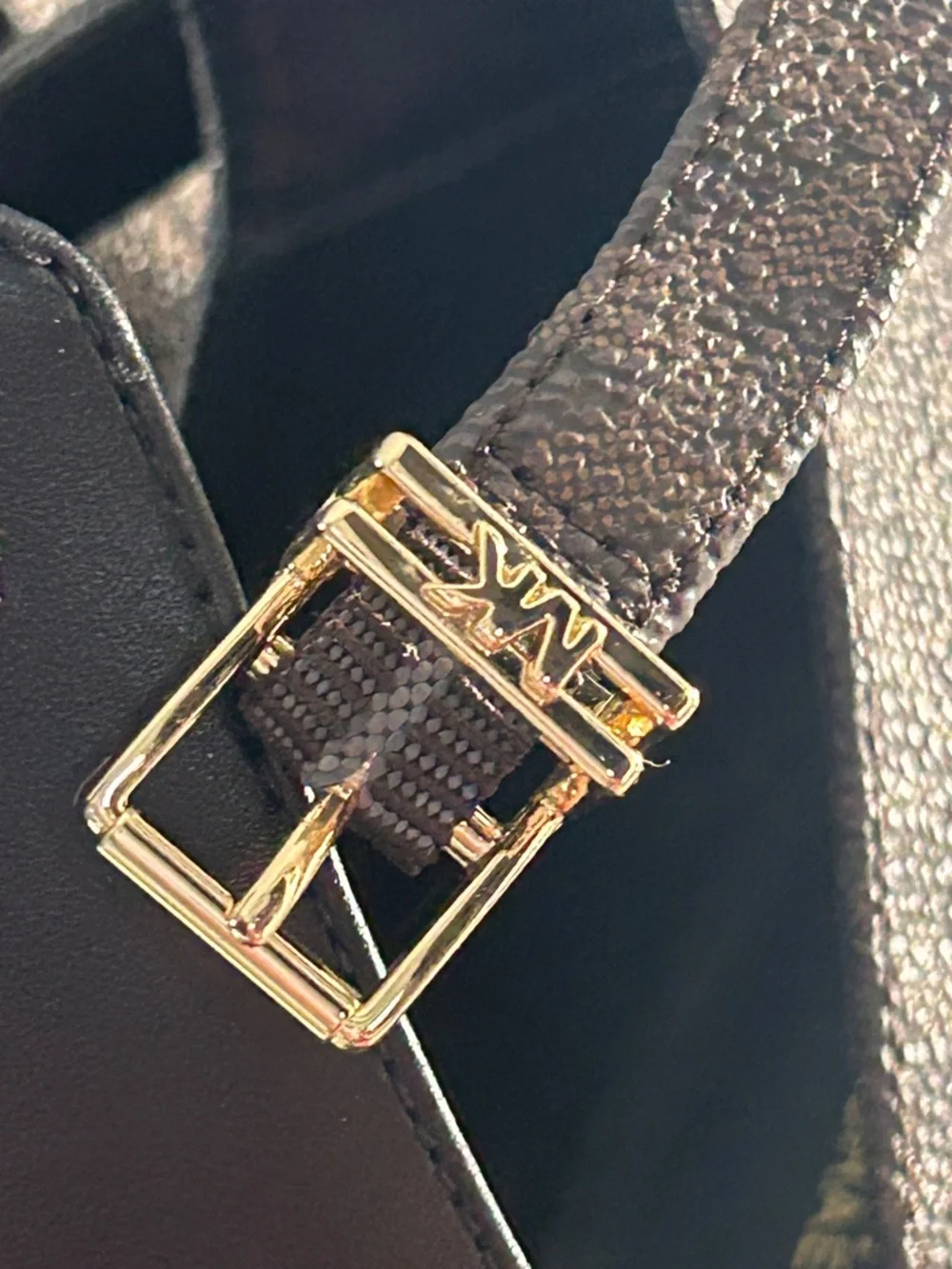 Michael Kors Black and Metallic Gold Textured T-Strap Heels - Picture 2 of 5